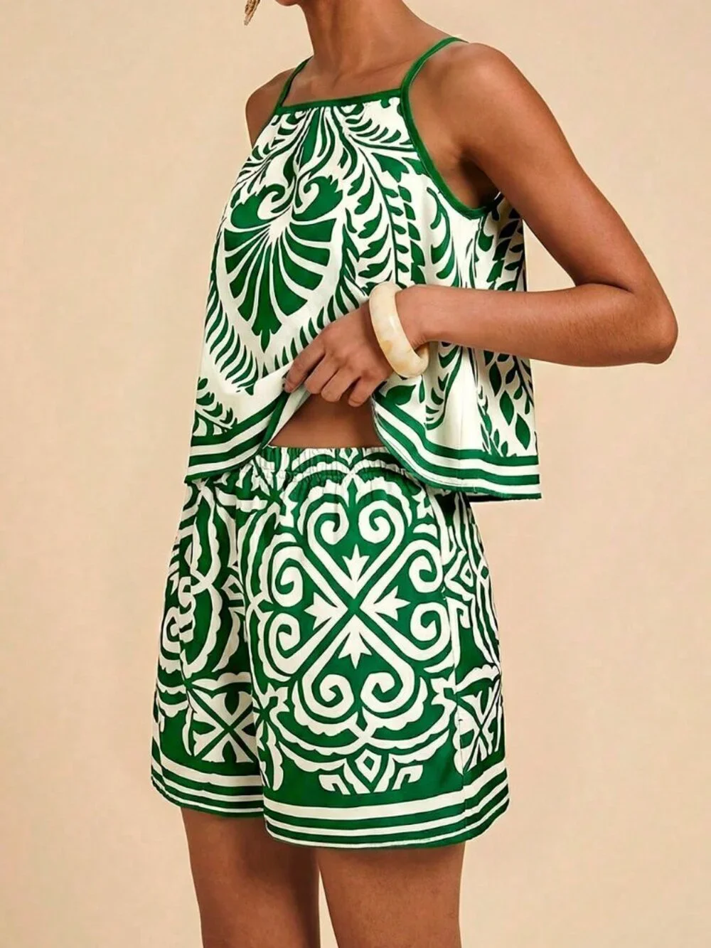 Green Boho Women's All-Over Print Vacation Camisole and Shorts Set
